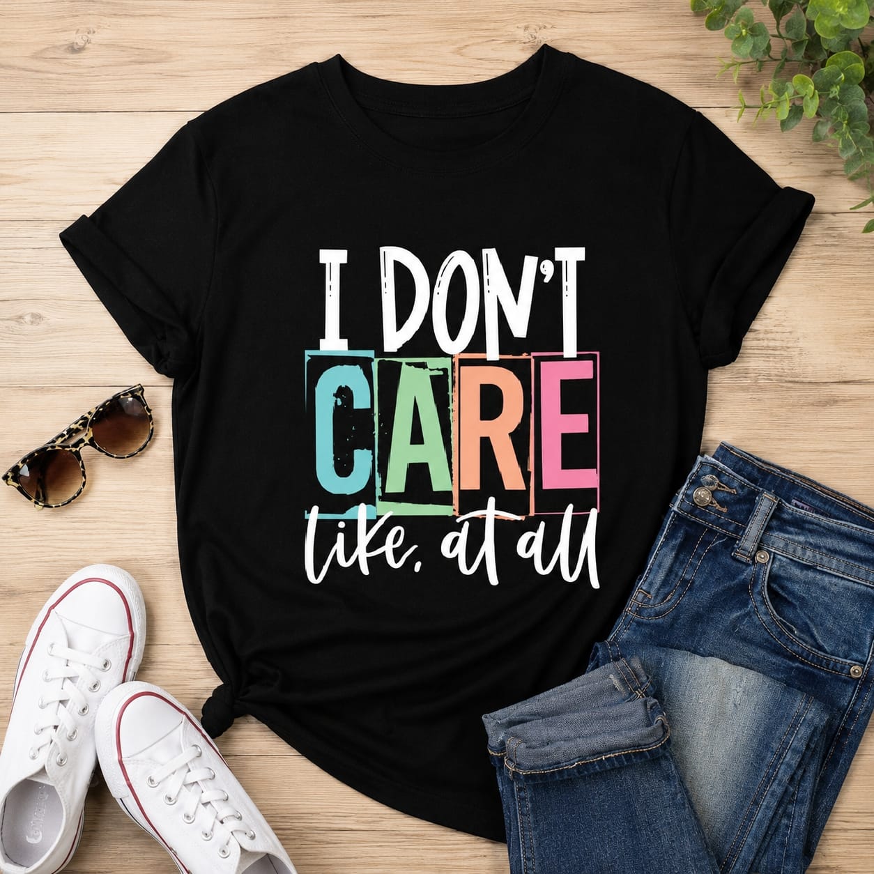 I Don't Care Printed Black T-Shirt