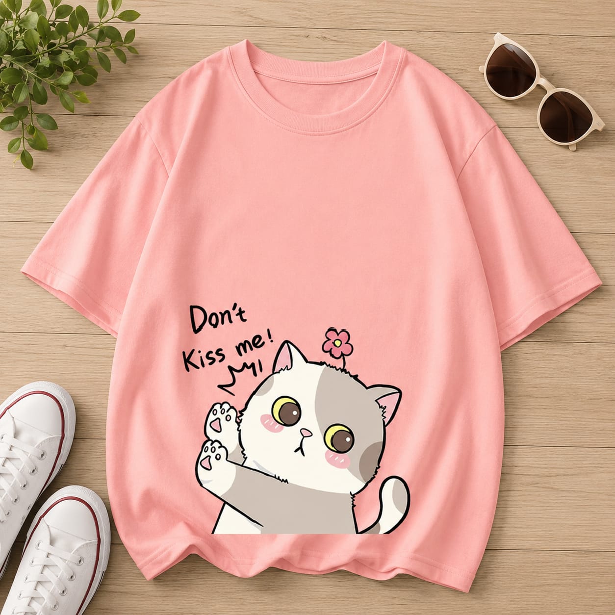Cute Cat Print Pink Oversized T-Shirt