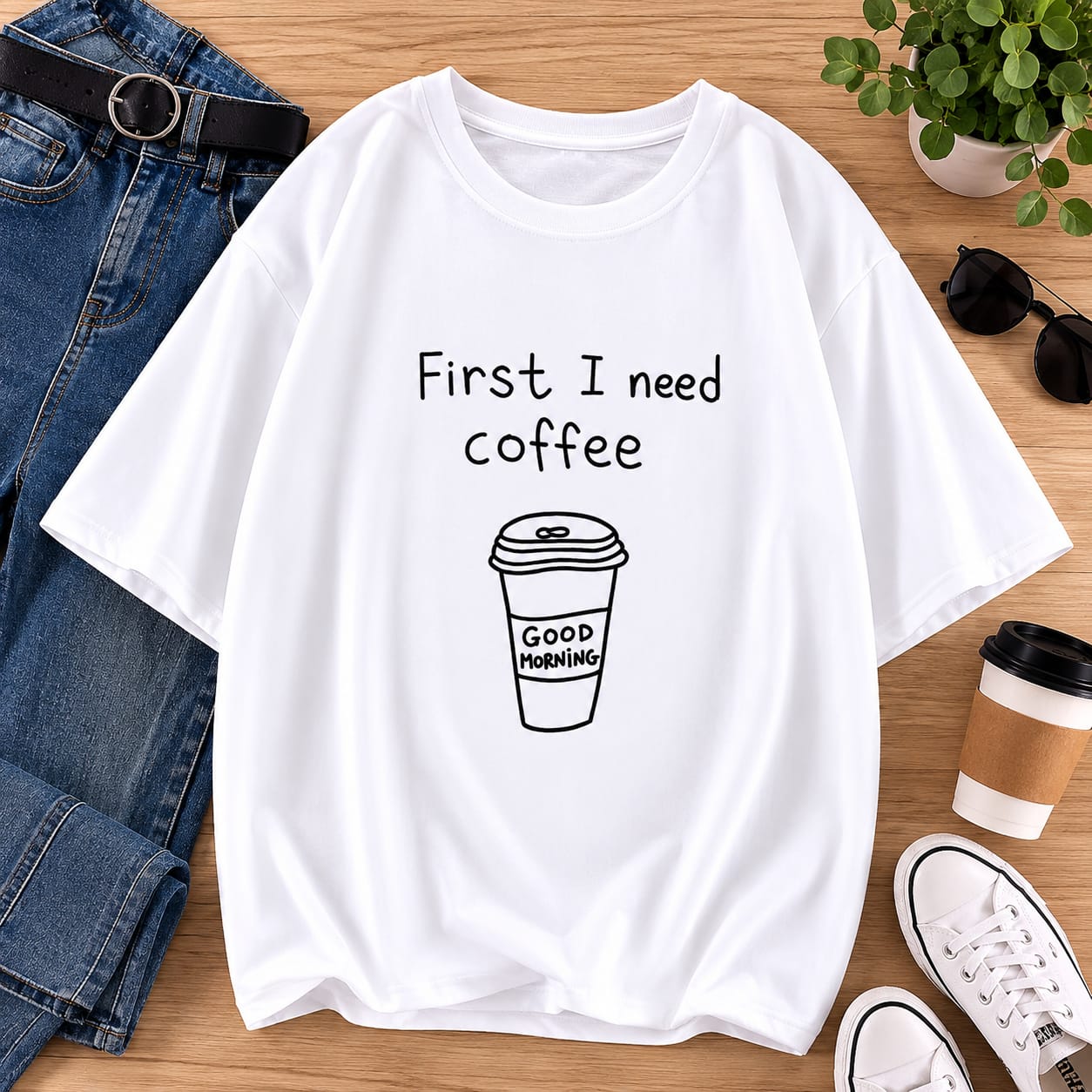 First I Need Coffee Printed White T-Shirt