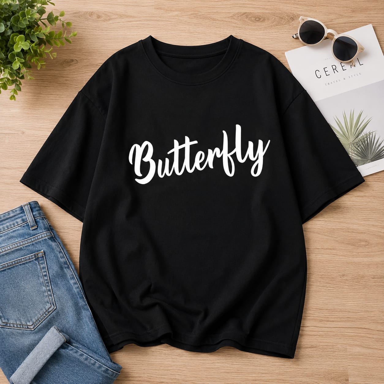 Butterfly Printed Black Oversized T-Shirt