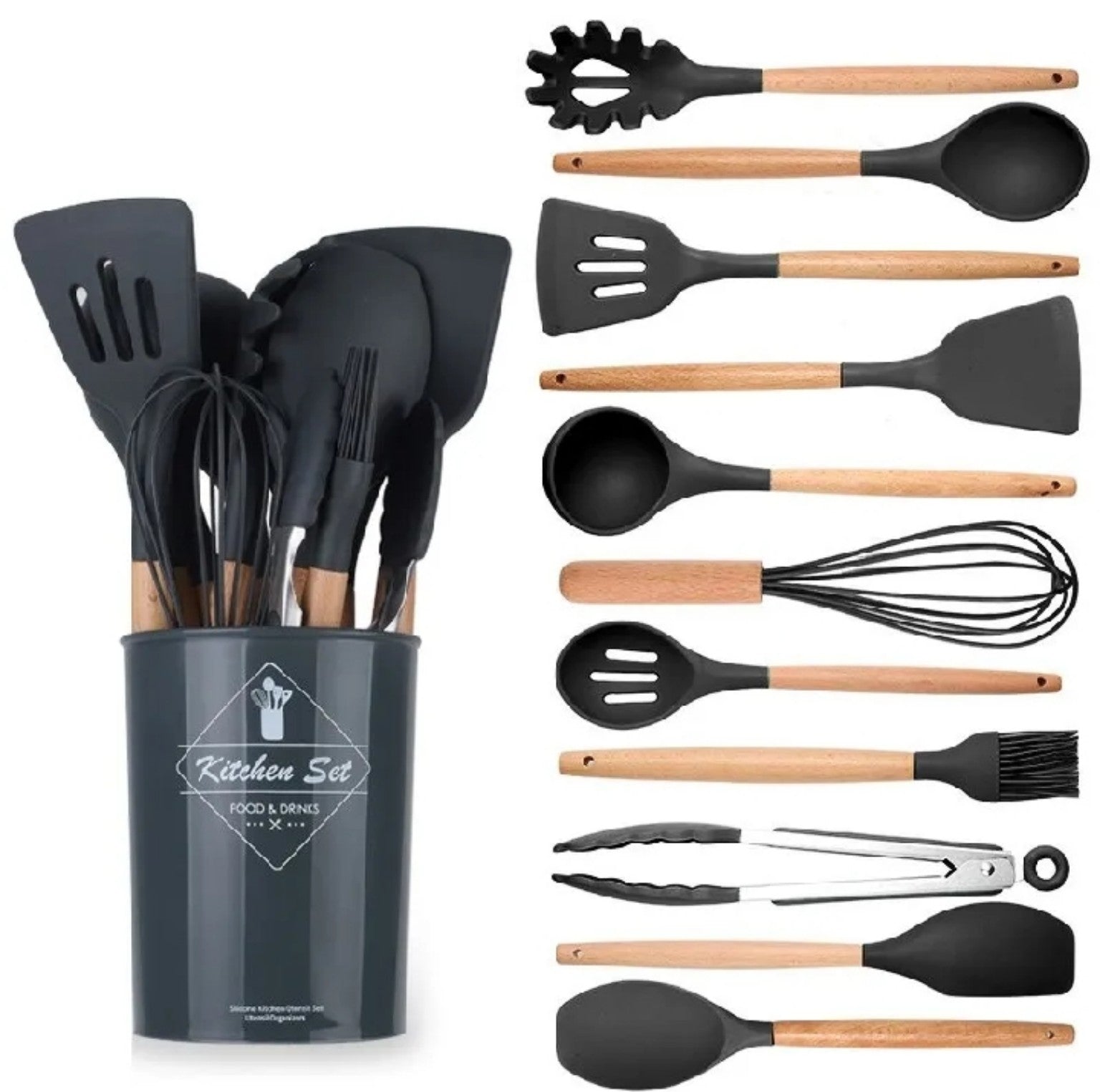 12-Piece Silicone Kitchen Utensil Set with Wooden Handles & Holder