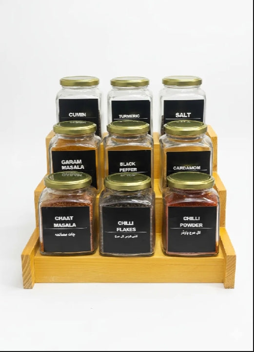 9-Piece Glass Spice Jar Set with Wooden Rack