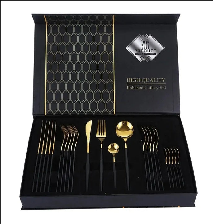 24-Piece Black & Gold Stainless Steel Cutlery Set with Gift Box