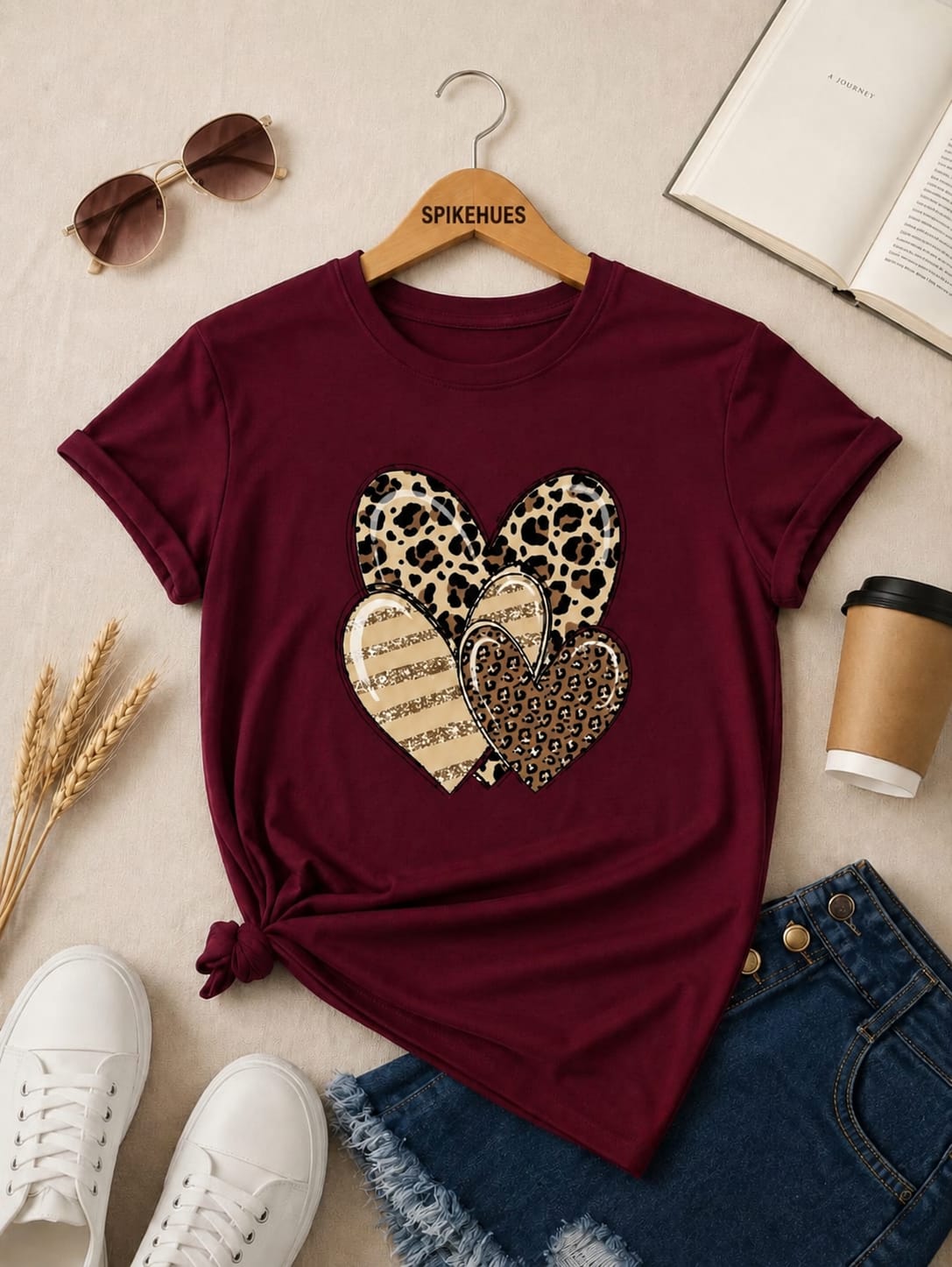 SpikeHues Leopard Heart Graphic T-Shirt – Maroon
