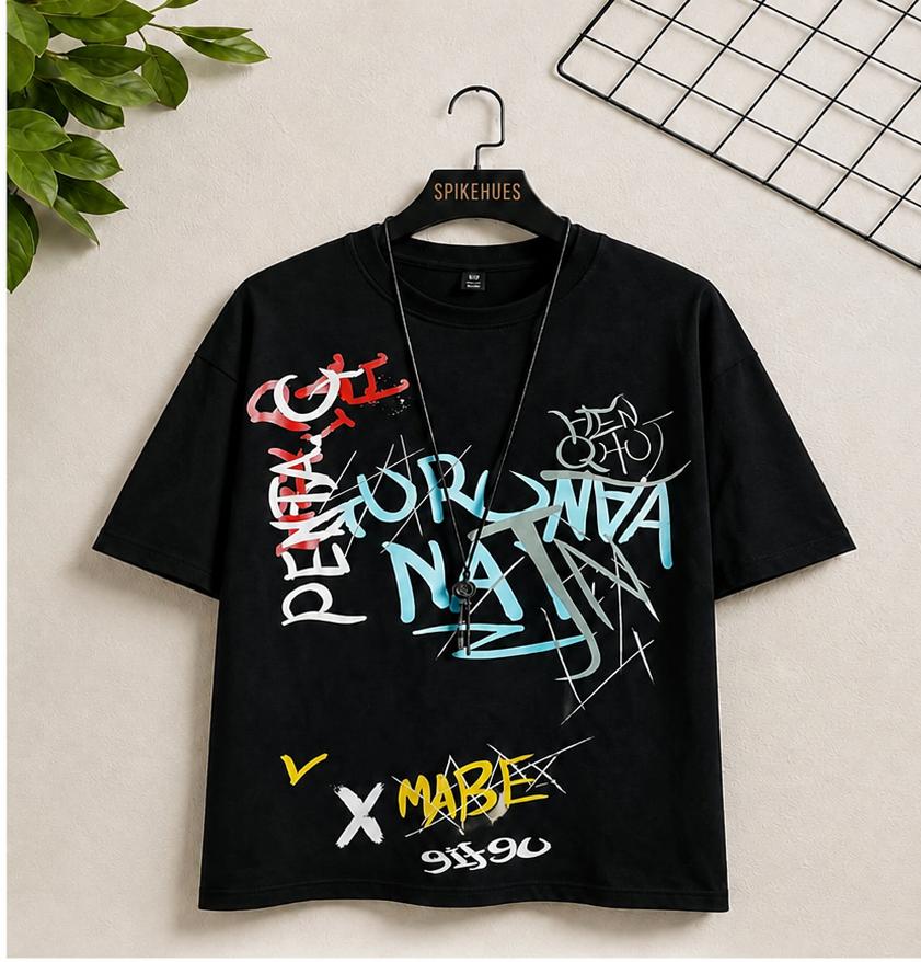 SpikeHues Graffiti Print Streetwear T-Shirt – Black